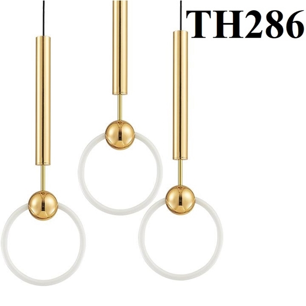 Đèn thả thủy tinh đơn TH286, thân mạ đồng ống đèn led trắng đục D400, tích hợp led ánh sáng vàng, KT(mm):